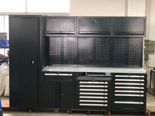 Czarne przestrzenne metalowe szafki z biurkami garażowymi W2400 D610 H40mm