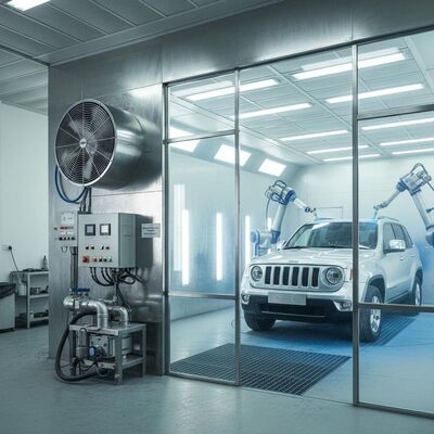 Kabina lakiernicza samochodowa z wentylatorem wlotowym powietrza typu europejskiego 5,5 kW, stalową podstawą 300 mm i regulowaną wysokością ławki 40 cm - 118 cm